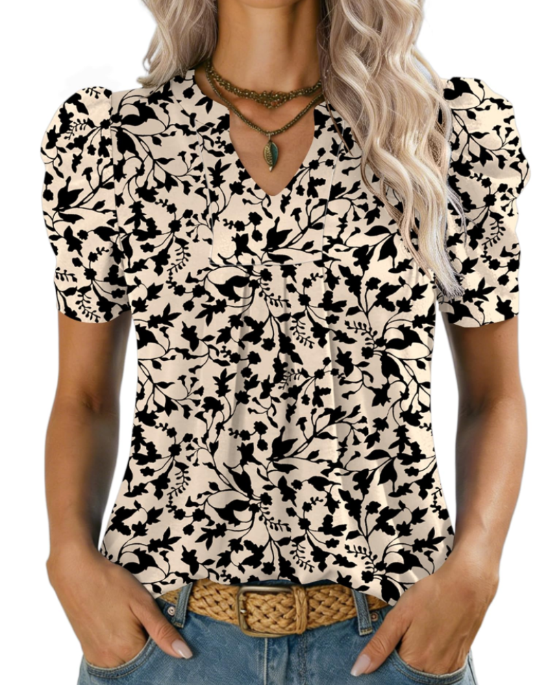 Margot Blusa de Mujer con Mangas Abullonadas – Cuello en V Alto en Punto Ligero