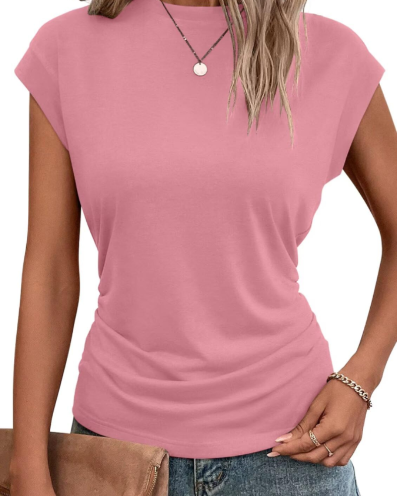 Charlotte T-Shirt Femme à Manches Capes – Haut Col Rond avec Détail Plissé