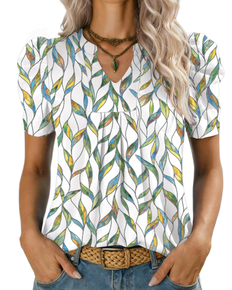Margot Blusa de Mujer con Mangas Abullonadas – Cuello en V Alto en Punto Ligero