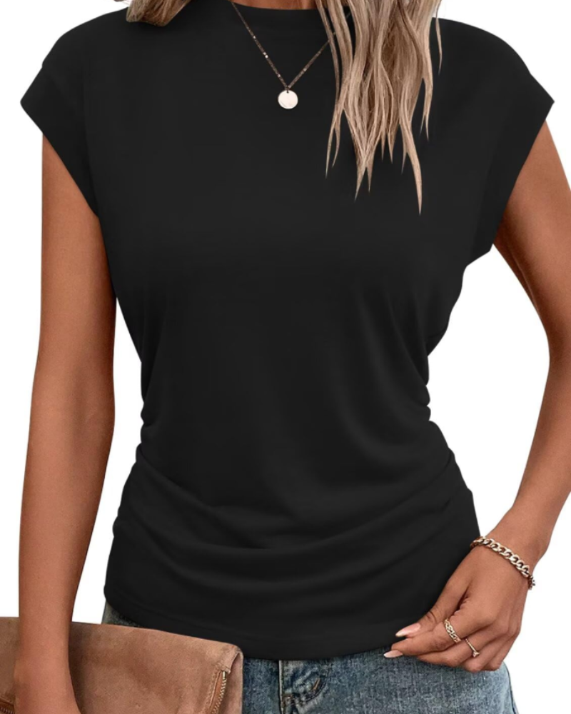 Charlotte T-Shirt Femme à Manches Capes – Haut Col Rond avec Détail Plissé