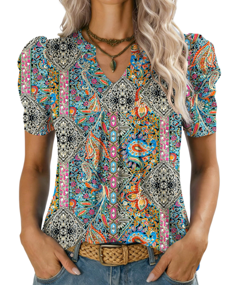 Margot Blusa de Mujer con Mangas Abullonadas – Cuello en V Alto en Punto Ligero