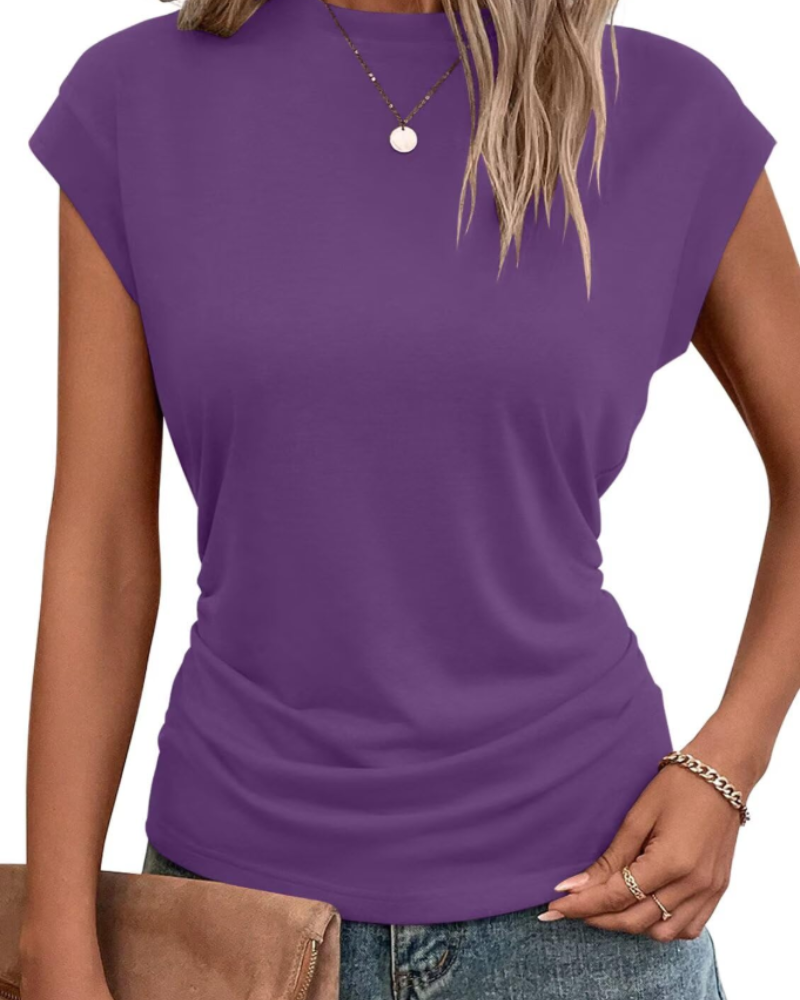 Charlotte T-Shirt Femme à Manches Capes – Haut Col Rond avec Détail Plissé