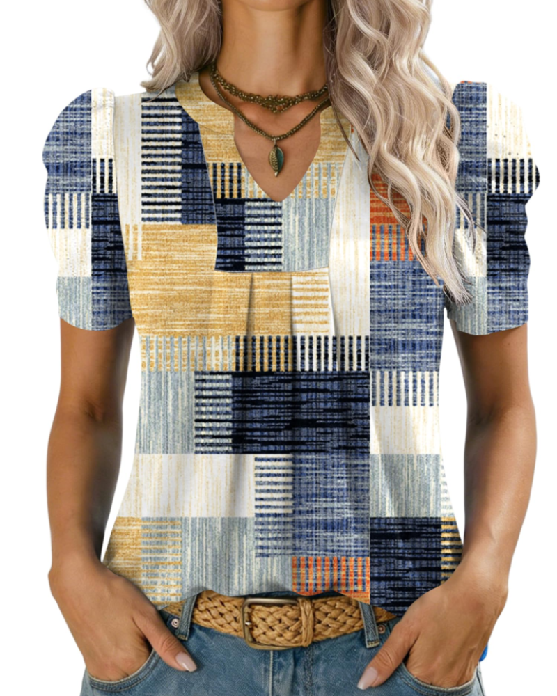 Margot Blusa de Mujer con Mangas Abullonadas – Cuello en V Alto en Punto Ligero