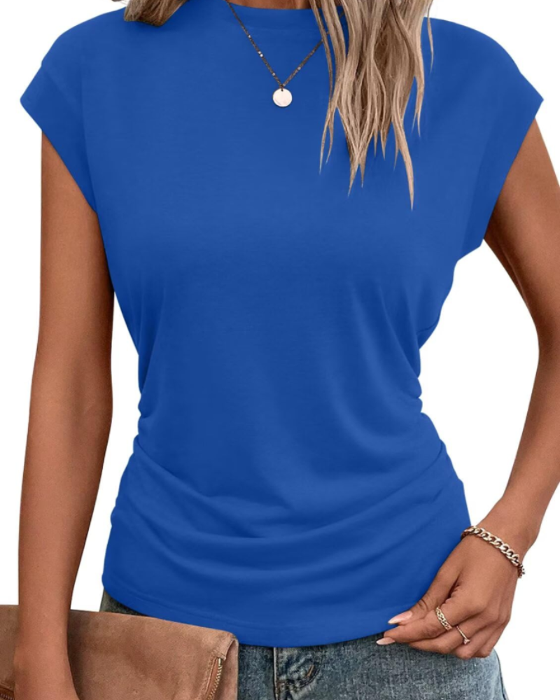 Charlotte T-Shirt Femme à Manches Capes – Haut Col Rond avec Détail Plissé