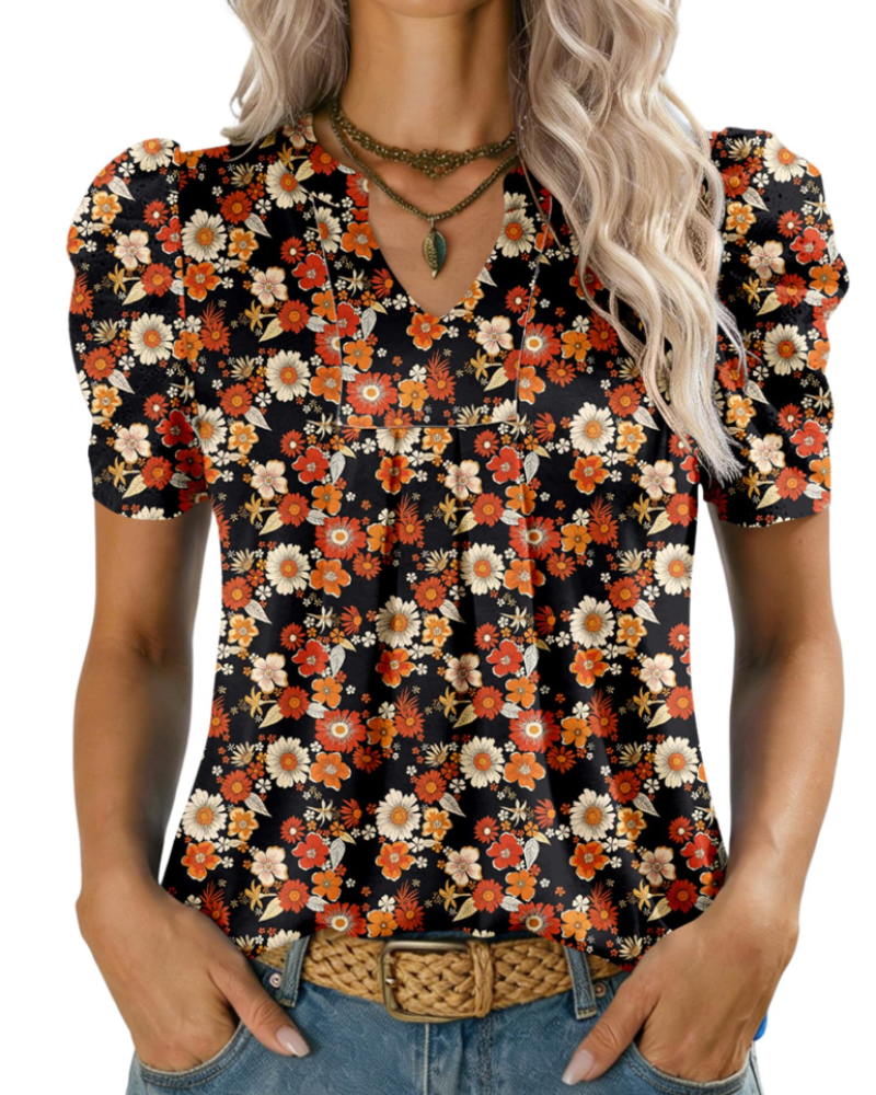 Margot Blusa de Mujer con Mangas Abullonadas – Cuello en V Alto en Punto Ligero