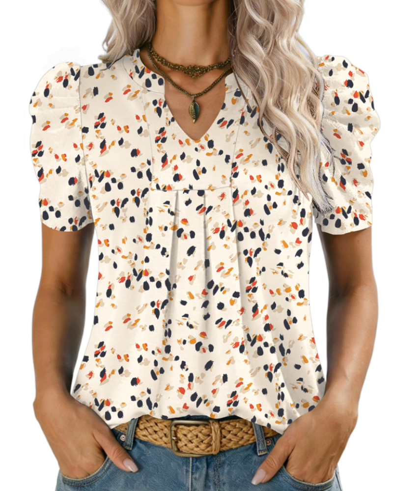 Margot Blusa de Mujer con Mangas Abullonadas – Cuello en V Alto en Punto Ligero
