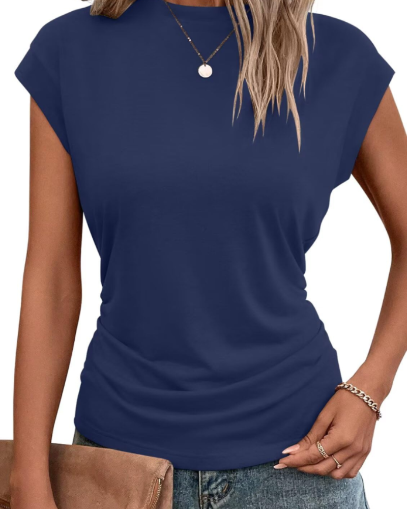 Charlotte T-Shirt Femme à Manches Capes – Haut Col Rond avec Détail Plissé