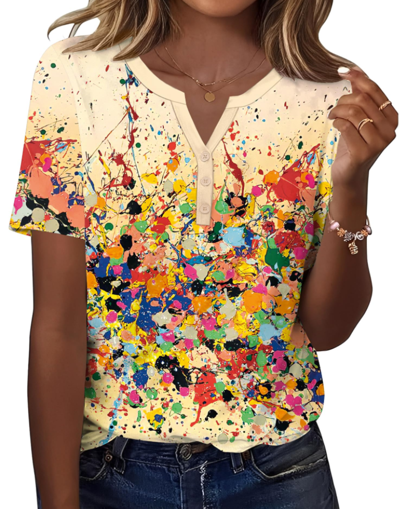 Mckenna Tunique Henley Femme – Haut Col V Boutonné à Manches Courtes