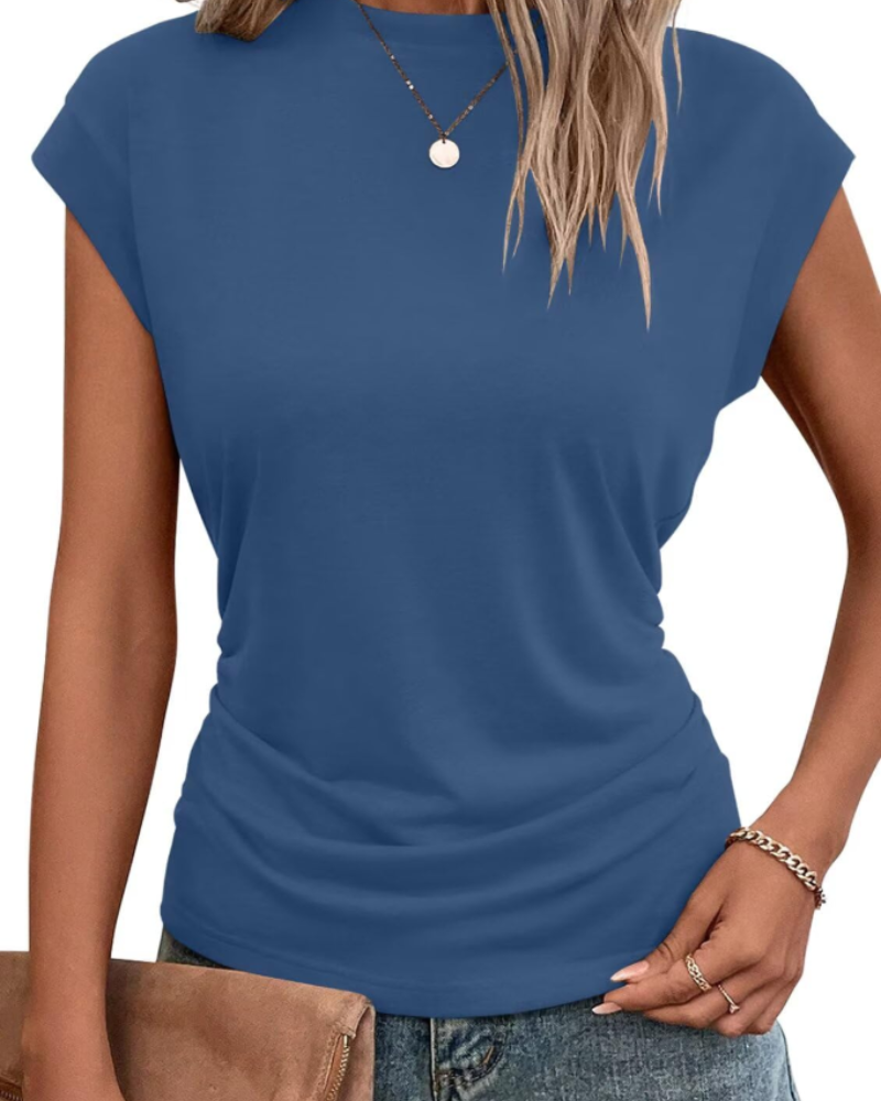 Charlotte T-Shirt Femme à Manches Capes – Haut Col Rond avec Détail Plissé