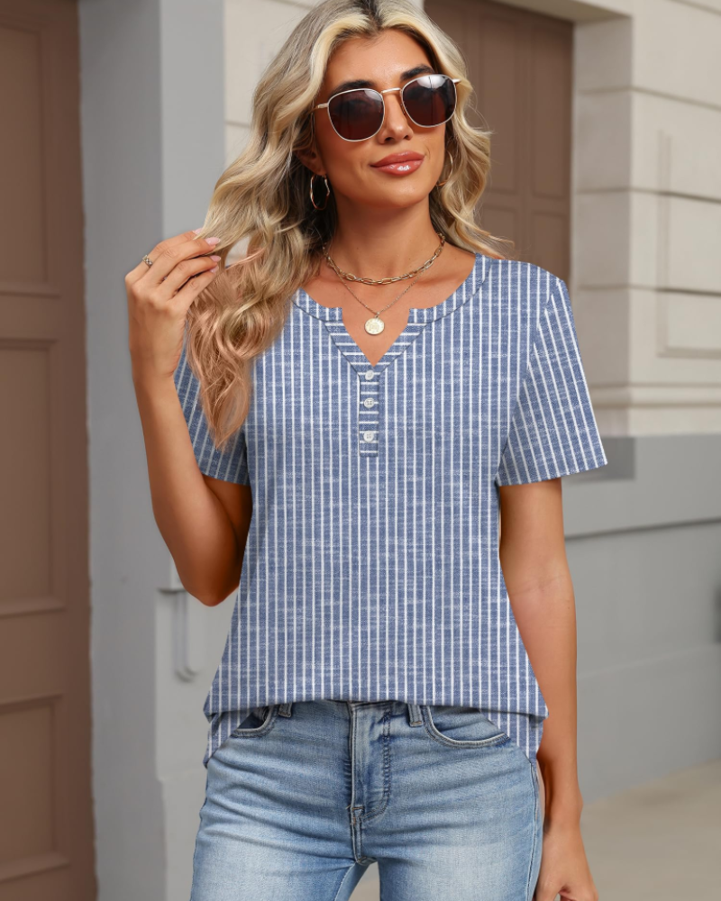 Mckenna Tunique Henley Femme – Haut Col V Boutonné à Manches Courtes