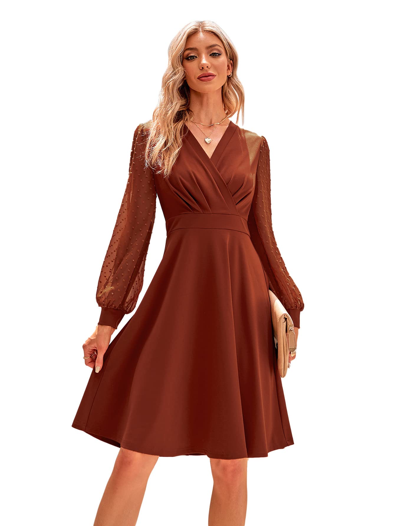 Juana Robe Femme – Style Vintage Col V, Manches Longues & Coupe A-Line Midi Élégante