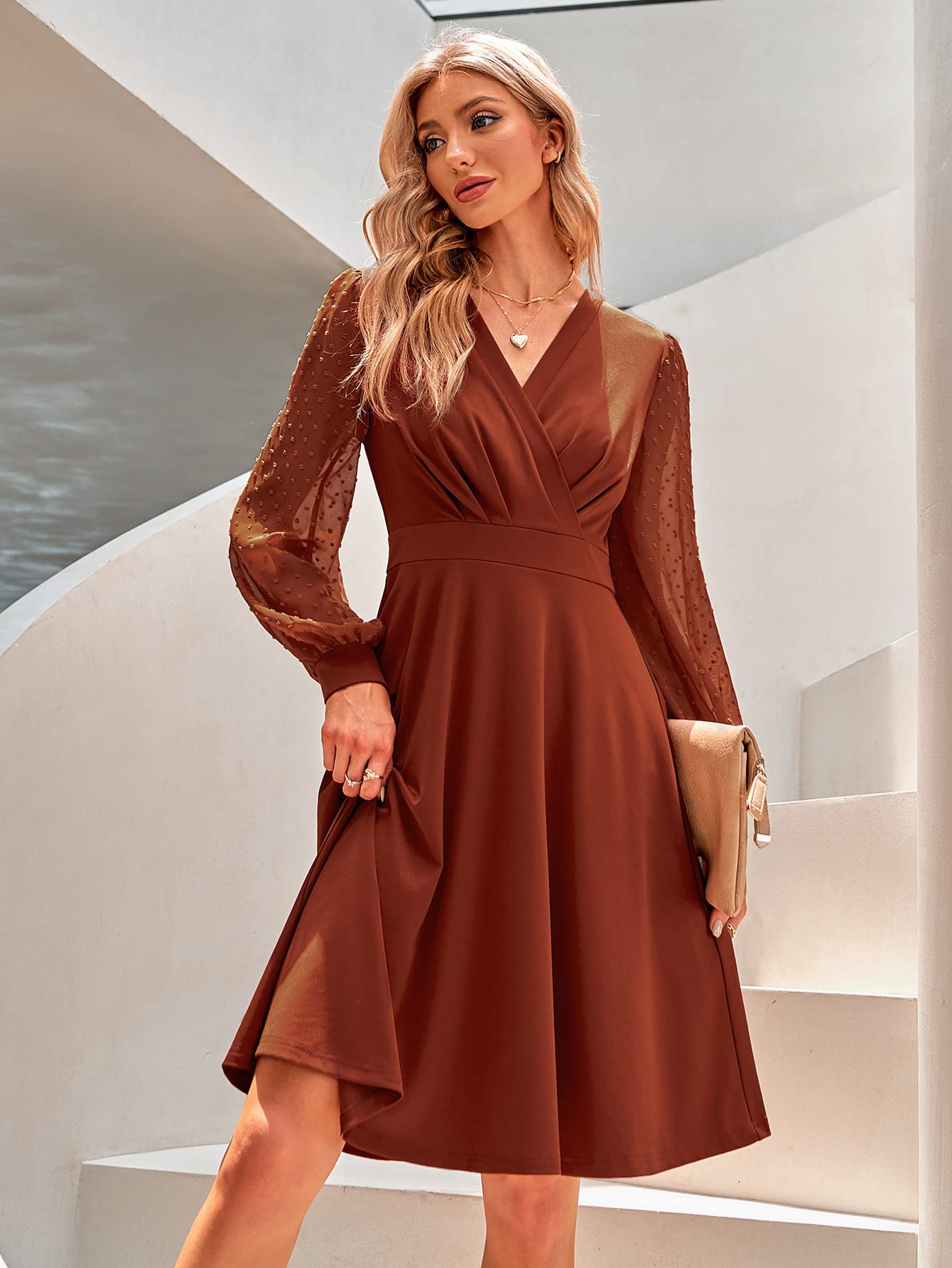 Juana Robe Femme – Style Vintage Col V, Manches Longues & Coupe A-Line Midi Élégante