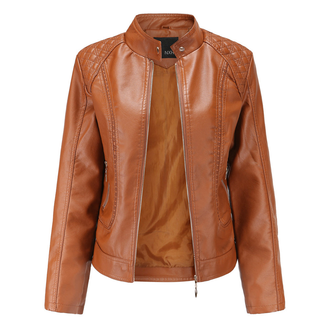 Janiyah Chaqueta Mujer de Cuero – Cuello Alto Chic, Cremalleras y Estilo Moderno Elegante