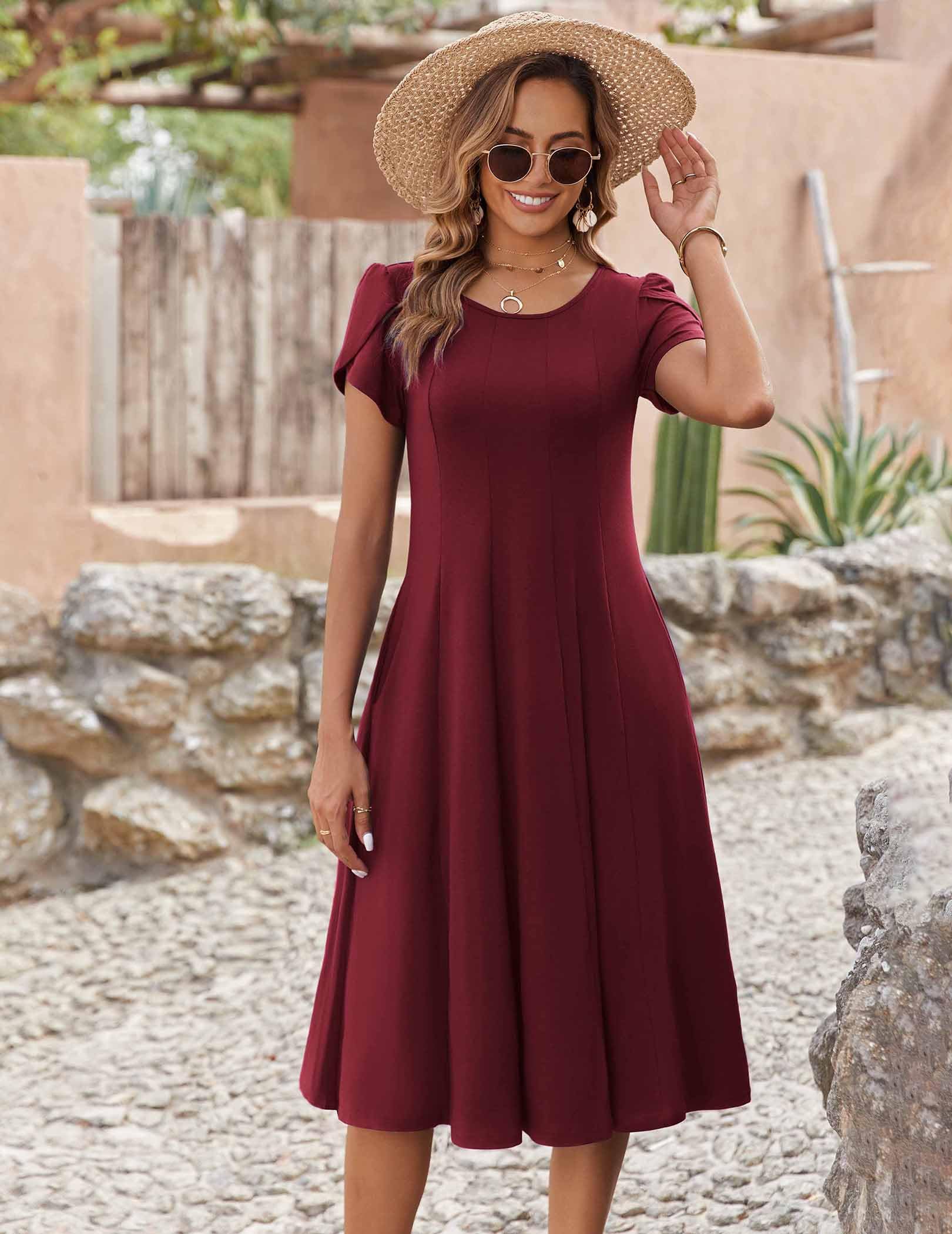 Wella Robe Femme – Sukienka z okrągłym dekoltem, krótkimi rękawami, krojem swing midi i kieszeniami na lato