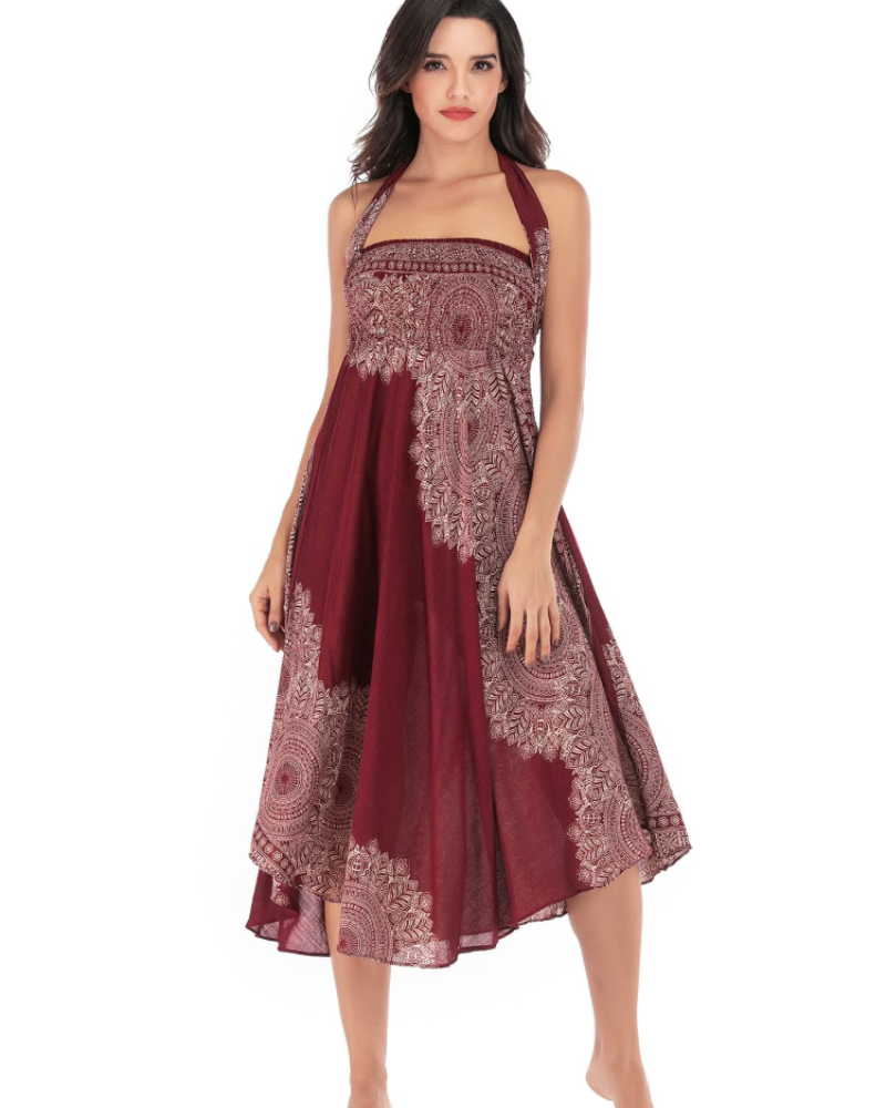 Dámské maxi šaty Sienna Robe Bohème – dlouhé 2v1 šaty s elastickým pasem a halter výstřihem