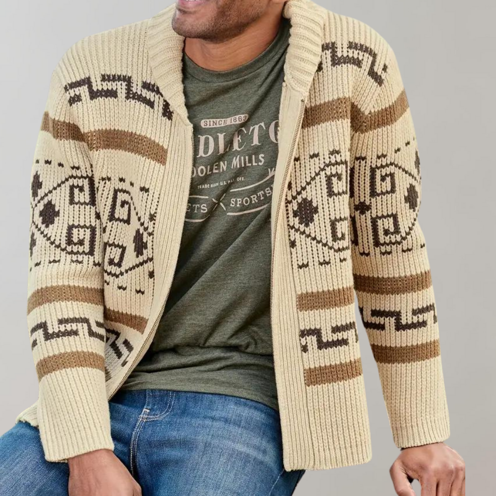 Cardigã Josh Homem Jacquard Western – Malha Grossa, Fecho & Estilo Vintage Outdoor