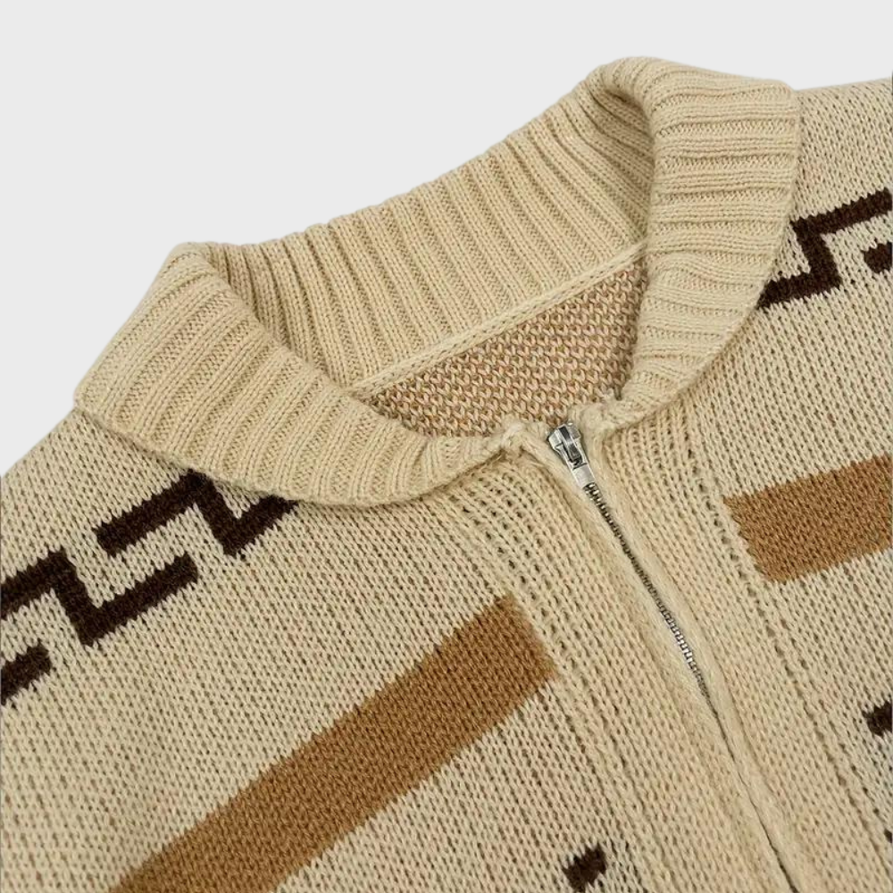 Josh Cárdigan Hombre Jacquard Western – Tejido Grueso, Cremallera y Estilo Vintage Exterior
