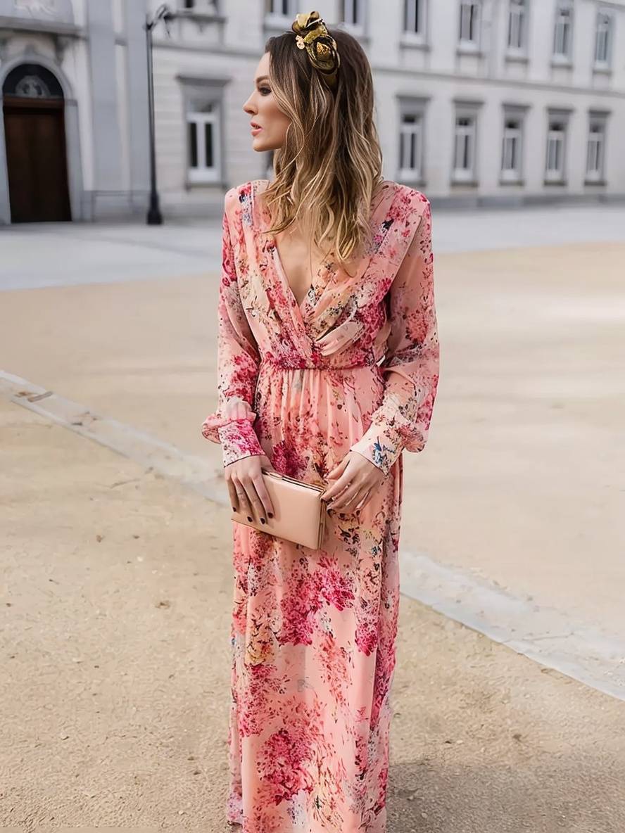 Vestido de verano para mujeres de tiara: vestido rosa largo con estampado florido, escote en V y sin mangas