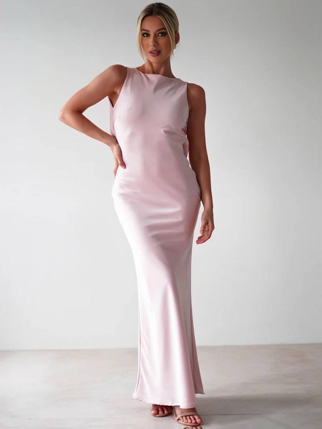 Vestido de noche para mujeres de Yvette: vestido sin mangas largas con espalda abierta y cuello redondo para la gala