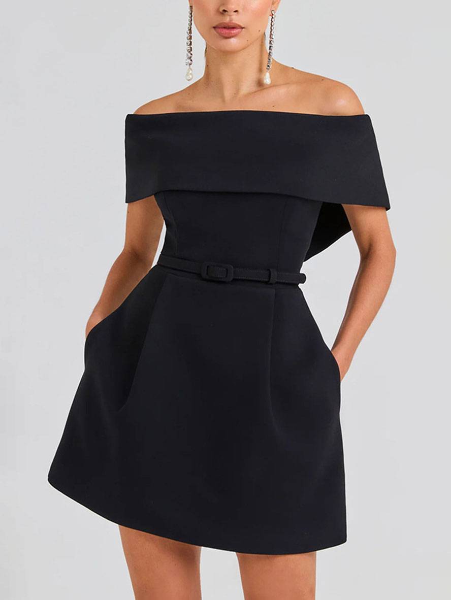 Vestido de cóctel para mujeres de Haziel: vestido de patinador sin mangas con escote en bote, cinturón y corte elegante