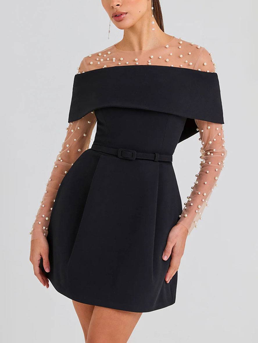 Vestido de cóctel para mujeres de Haziel: vestido de patinador sin mangas con escote en bote, cinturón y corte elegante