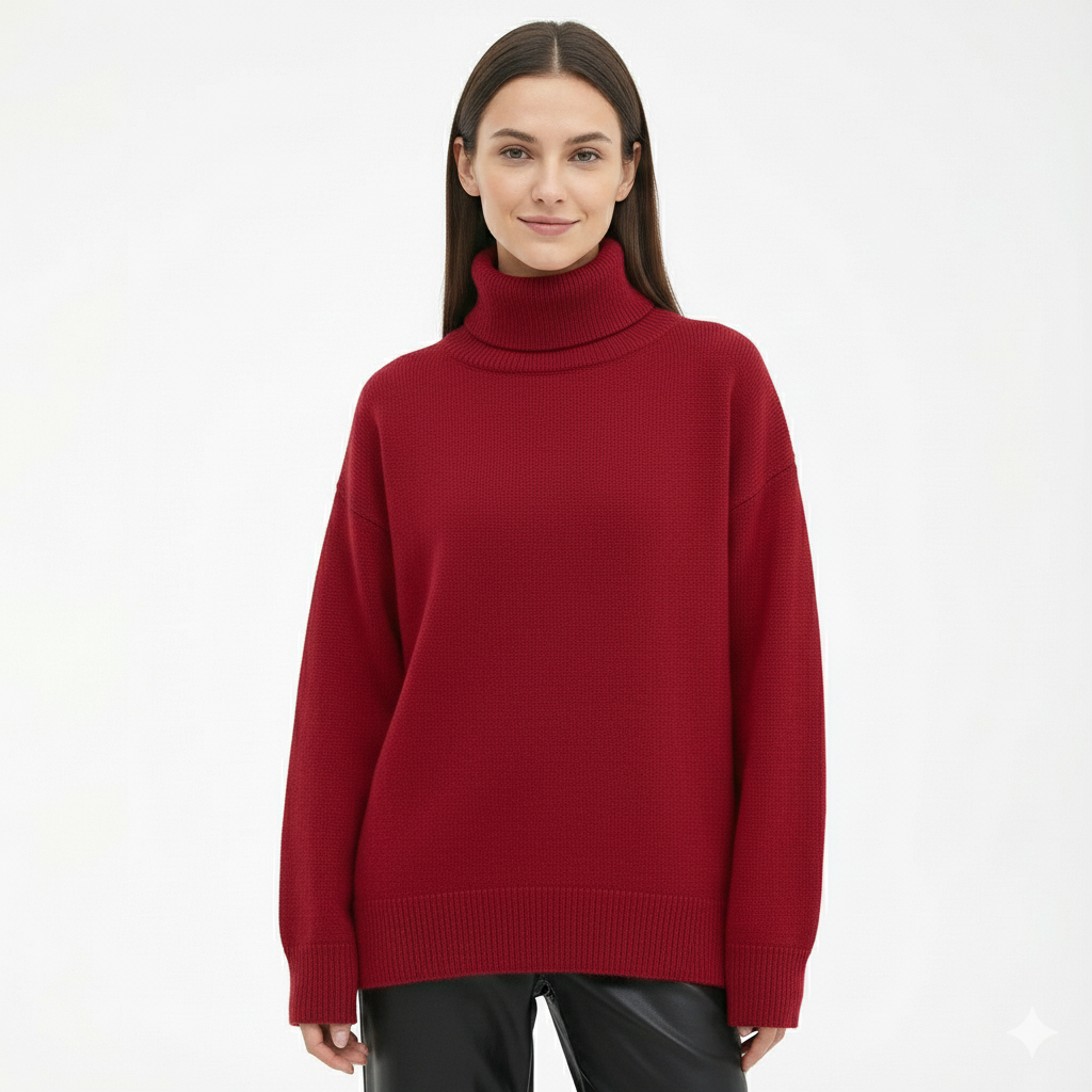 Dámský svetr Camille s rolákem Oversize – Teplý svetr z vlněné směsi s žebrovanými detaily
