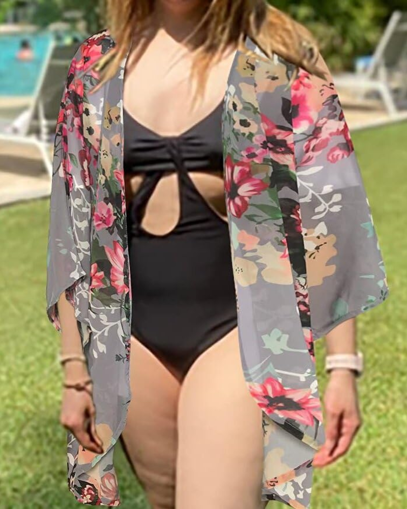Kimono floral pentru femei Camila – Haină de acoperire din muselină cu mâneci 3/4