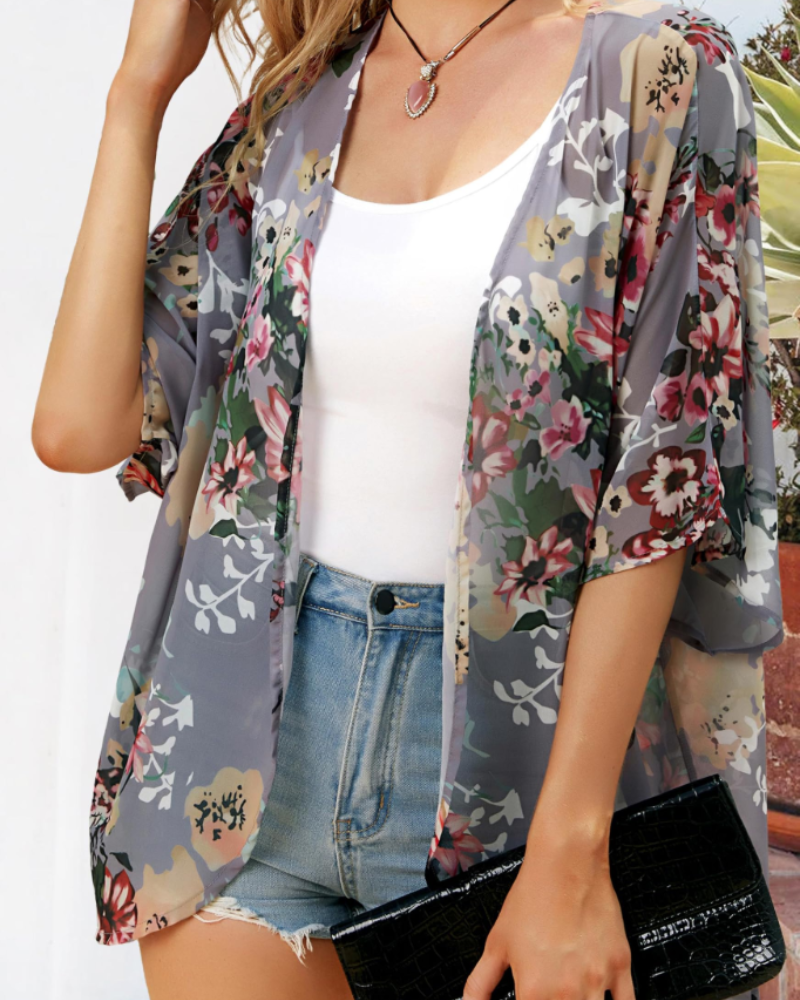 Kimono floral pentru femei Camila – Haină de acoperire din muselină cu mâneci 3/4