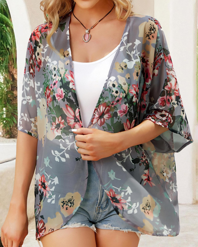 Kimono floral pentru femei Camila – Haină de acoperire din muselină cu mâneci 3/4