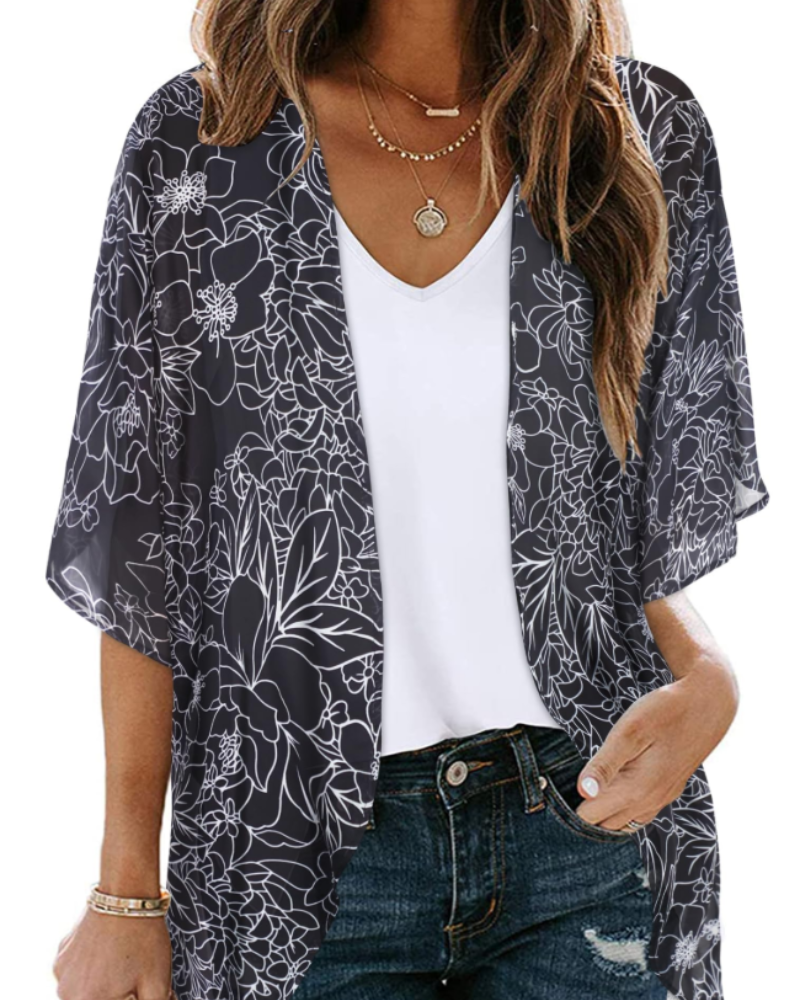 Kimono floral pentru femei Camila – Haină de acoperire din muselină cu mâneci 3/4