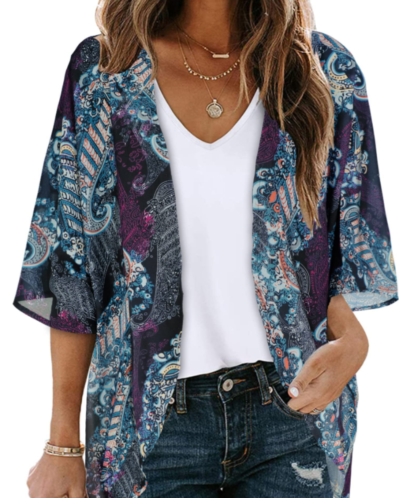 Kimono floral pentru femei Camila – Haină de acoperire din muselină cu mâneci 3/4