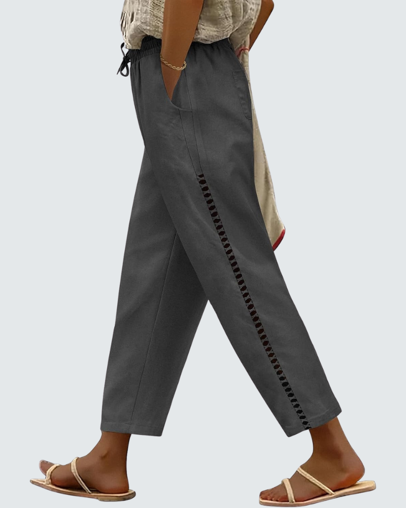 Casie Pantalon Femme en Lin – Pantalon Large Cropped avec Taille Élastique & Poches