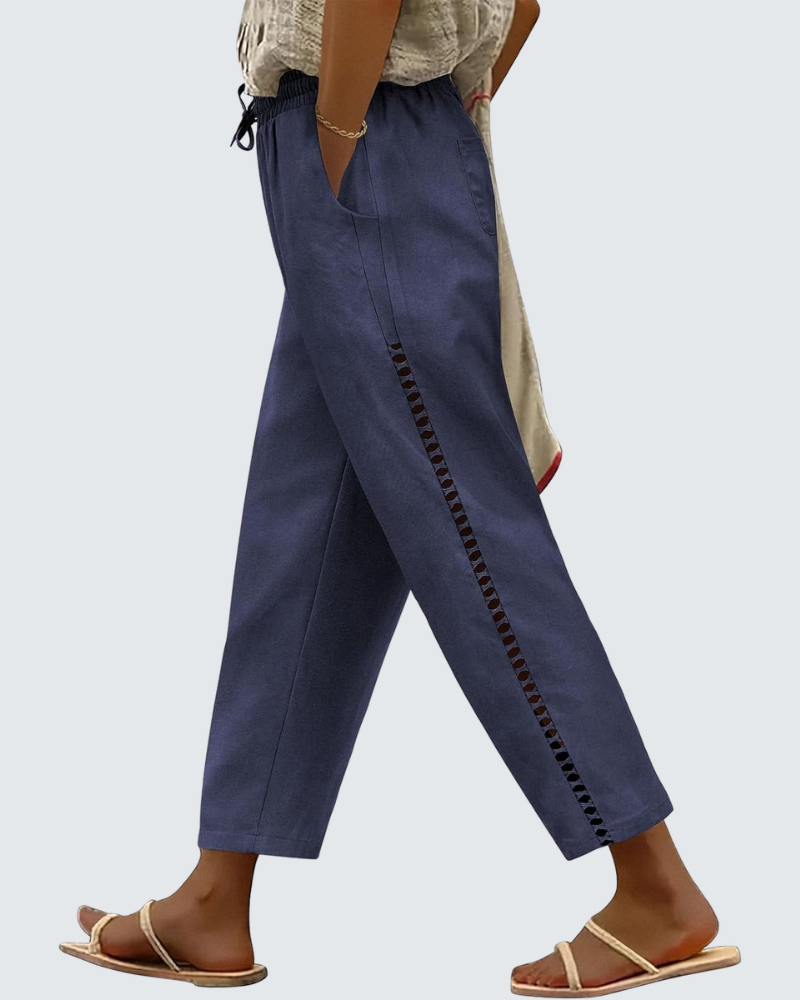 Casie Pantalon Femme en Lin – Pantalon Large Cropped avec Taille Élastique & Poches