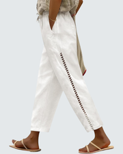 Casie Pantalon Femme en Lin – Pantalon Large Cropped avec Taille Élastique & Poches