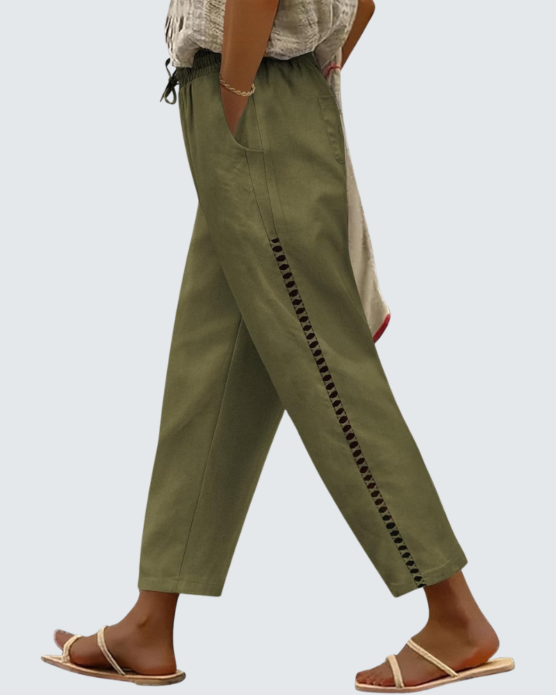 Casie Pantalon Femme en Lin – Pantalon Large Cropped avec Taille Élastique & Poches
