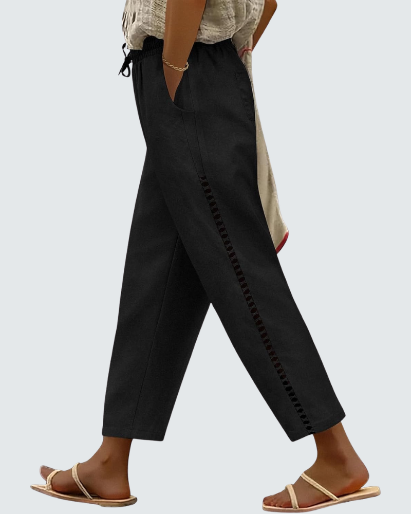 Casie Pantalon Femme en Lin – Pantalon Large Cropped avec Taille Élastique & Poches