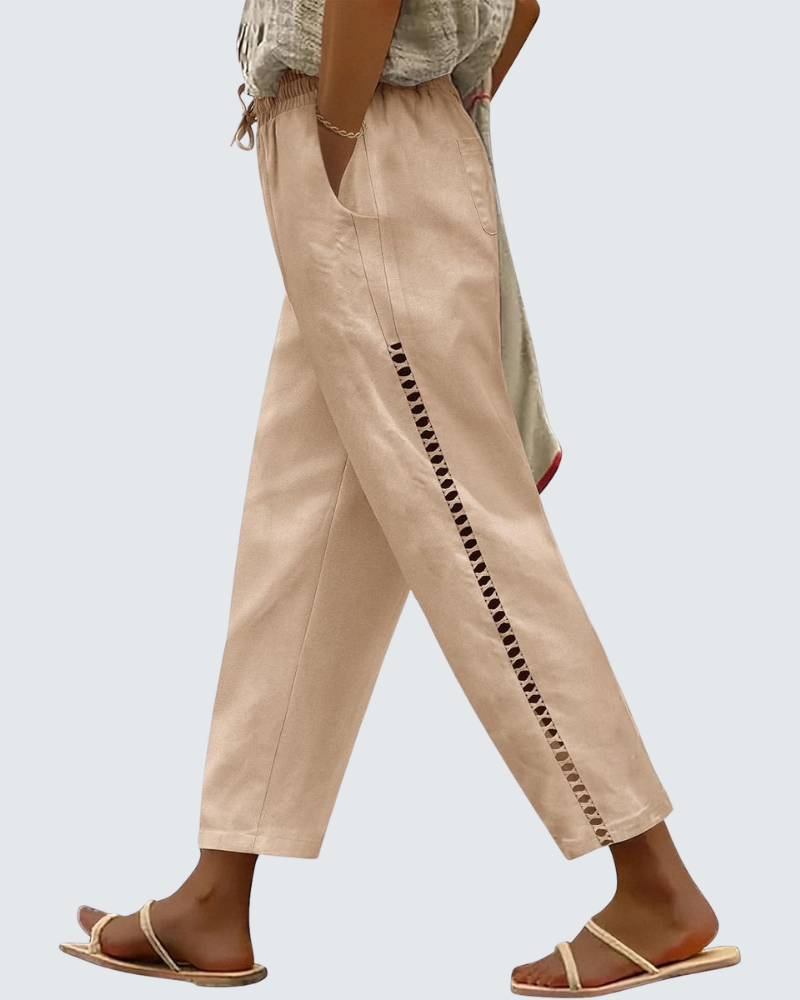 Casie Pantalon Femme en Lin – Pantalon Large Cropped avec Taille Élastique & Poches