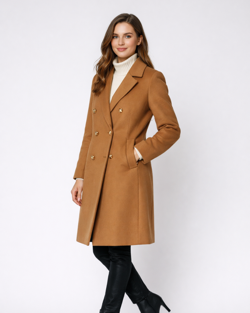 Charie Women's Long Tweed Coat – Elegant Crossed Cut, Double Breasted, Winter Style