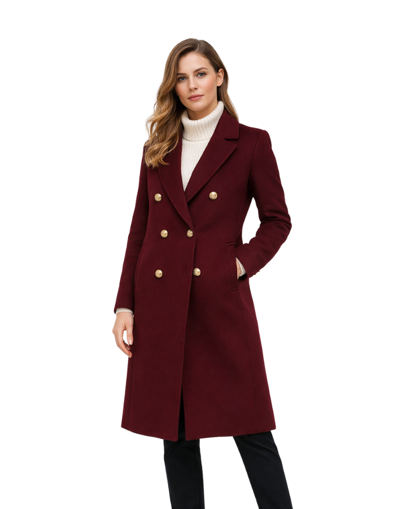 Charie Women's Long Tweed Coat – Elegant Crossed Cut, Double Breasted, Winter Style