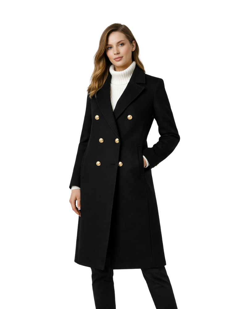 Charie Women's Long Tweed Coat – Elegant Crossed Cut, Double Breasted, Winter Style
