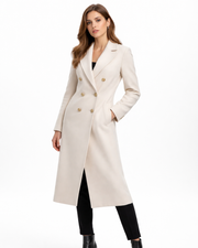 Charie Women's Long Tweed Coat – Elegant Crossed Cut, Double Breasted, Winter Style