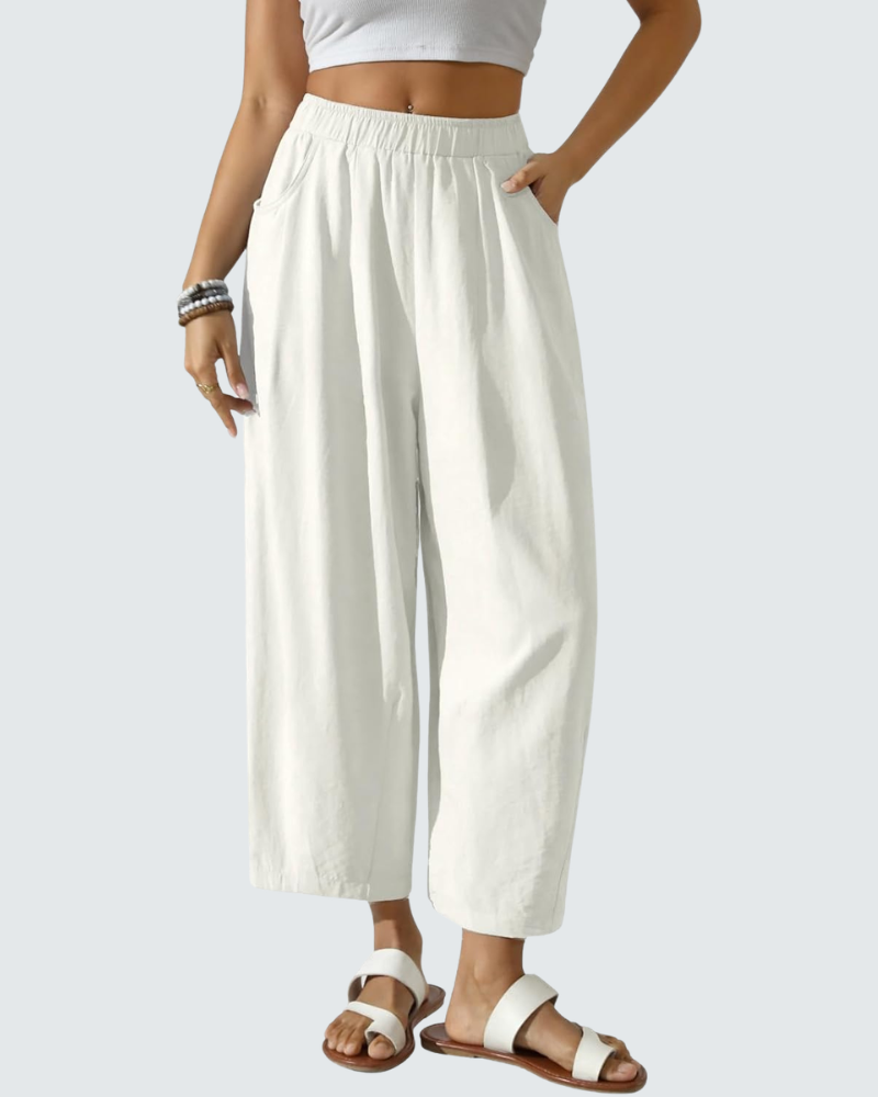 Charlotte Women's Cotton Pants – Loose 7/8 Pants with Elastic Waist and Pockets