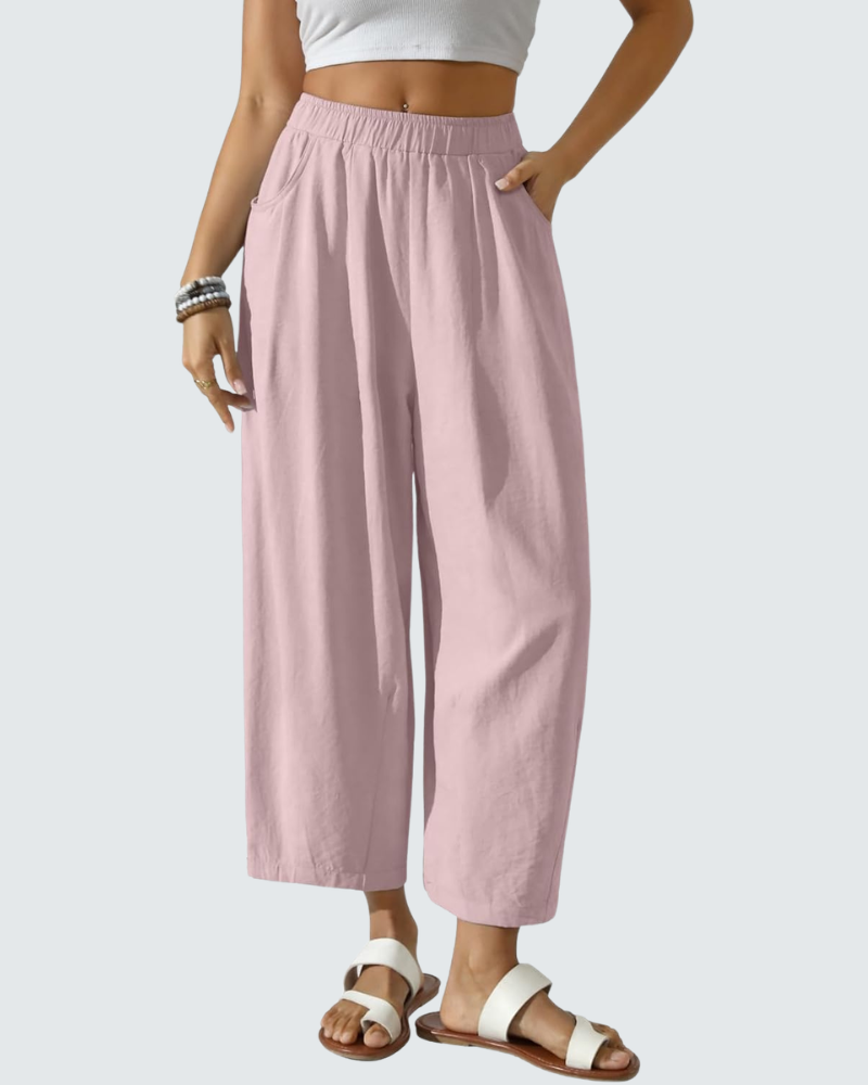 Charlotte Women's Cotton Pants – Loose 7/8 Pants with Elastic Waist and Pockets