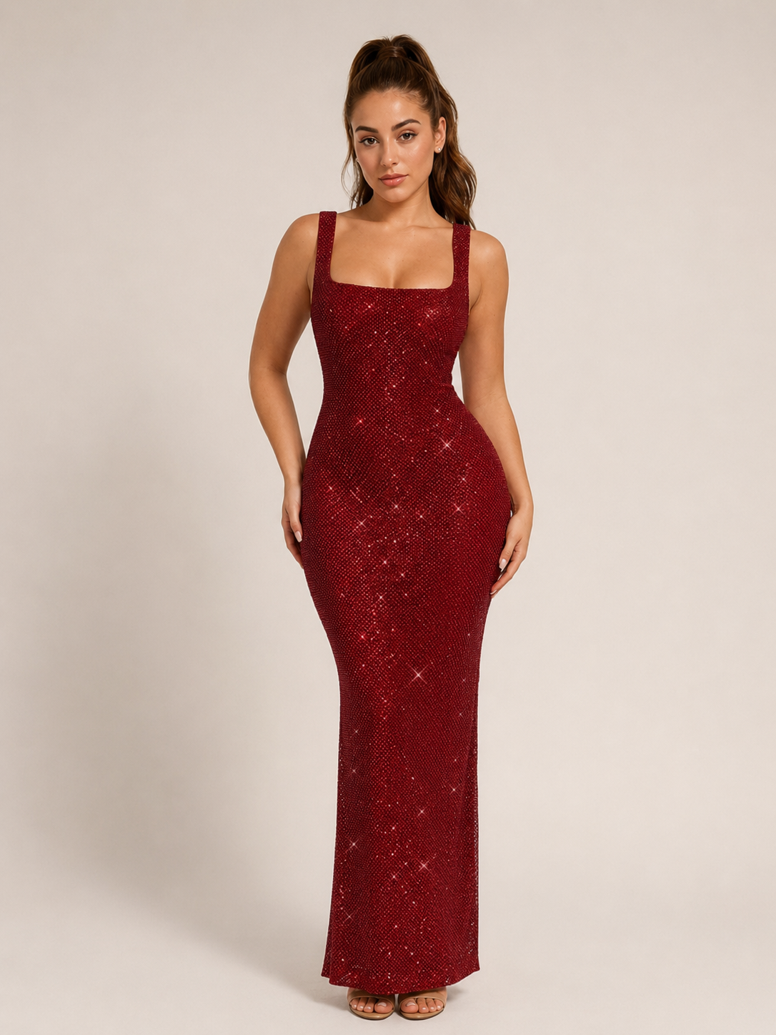 Églantine Robe Maxi Femme – Robe à Sequins Dos Nu Col Carré Coupe Moulante Élégante