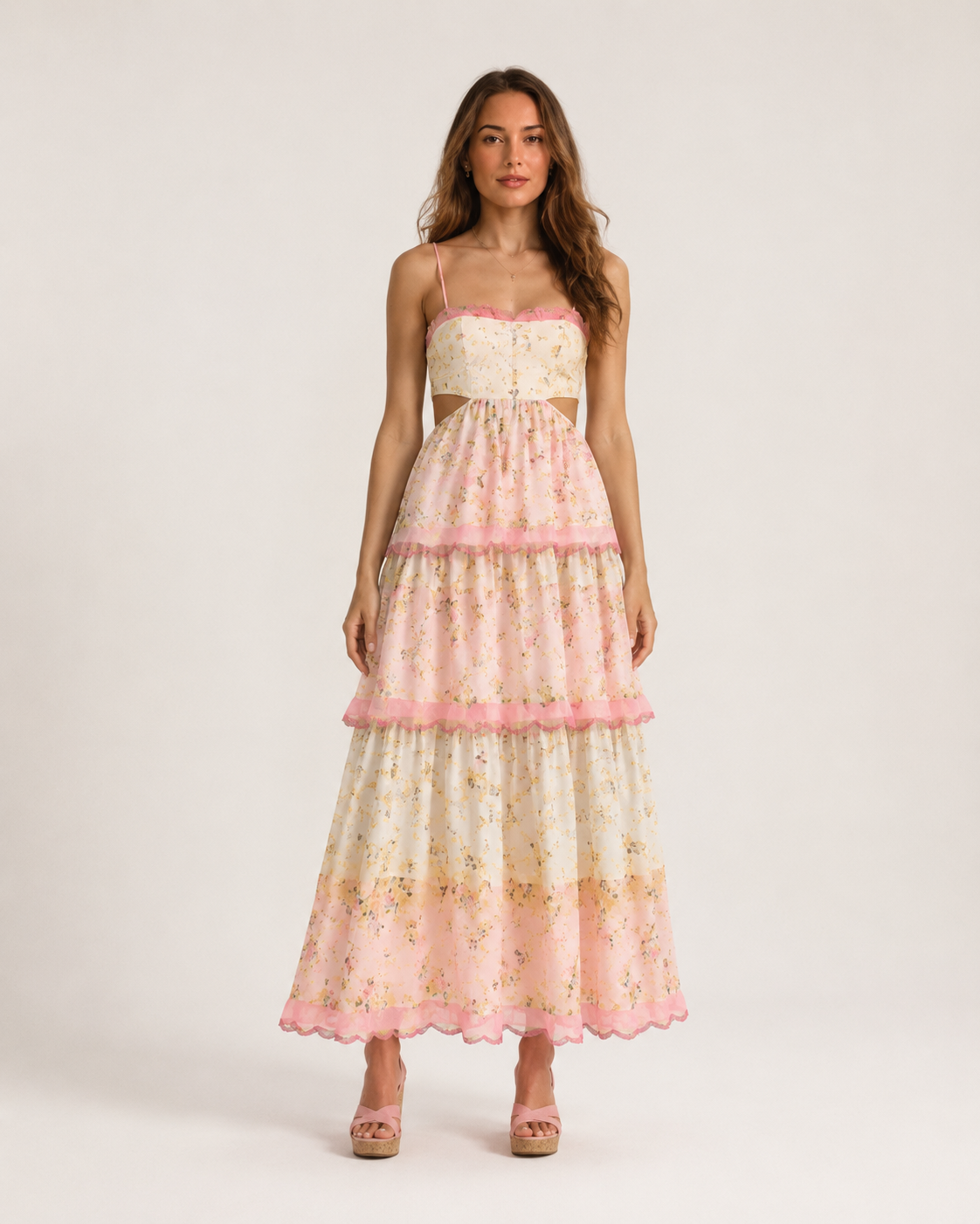 Roseline Robe Maxi Femme – Robe Fleurie Rose à Bretelles Taille Ouverte Élégante Été