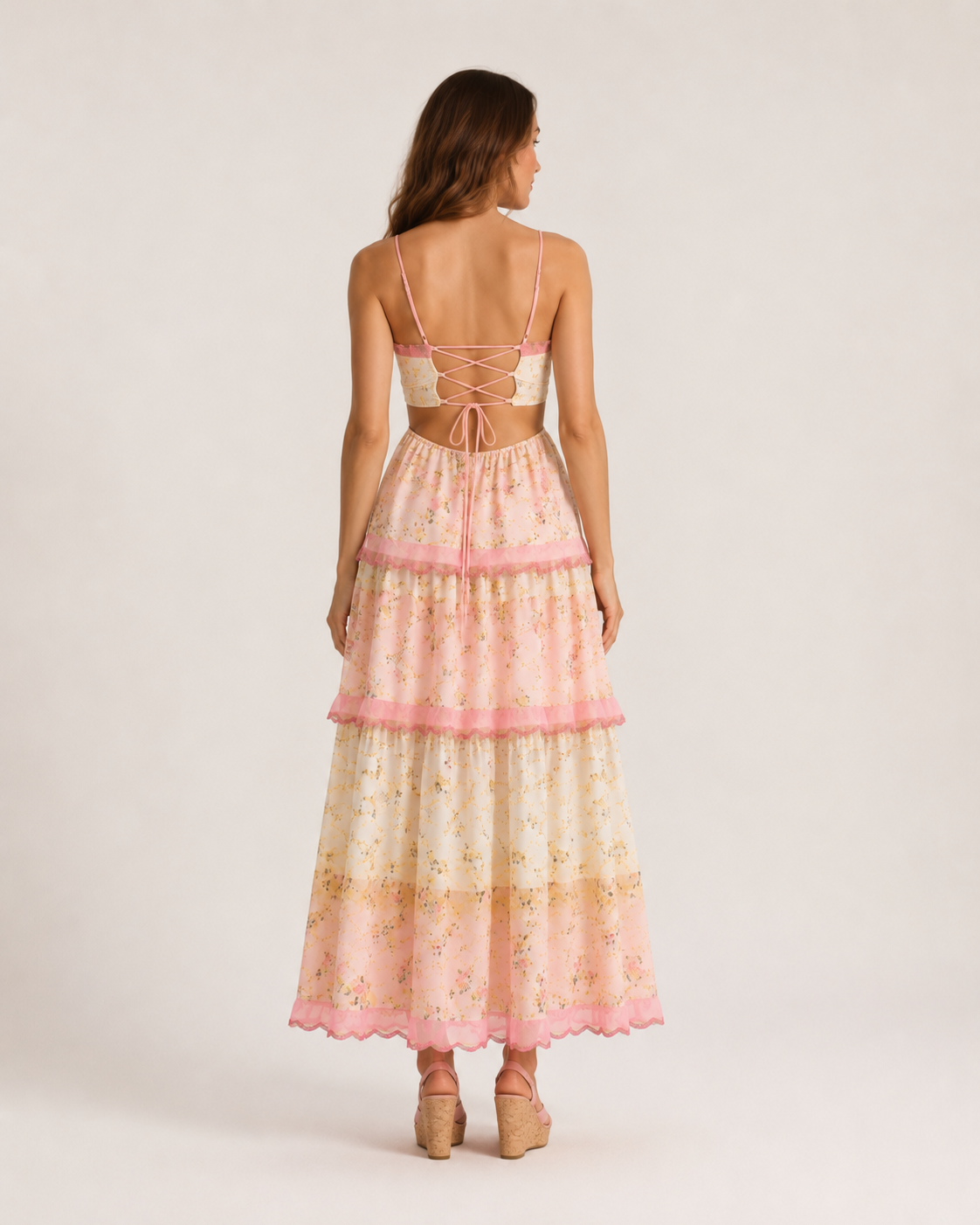 Roseline Robe Maxi Femme – Robe Fleurie Rose à Bretelles Taille Ouverte Élégante Été