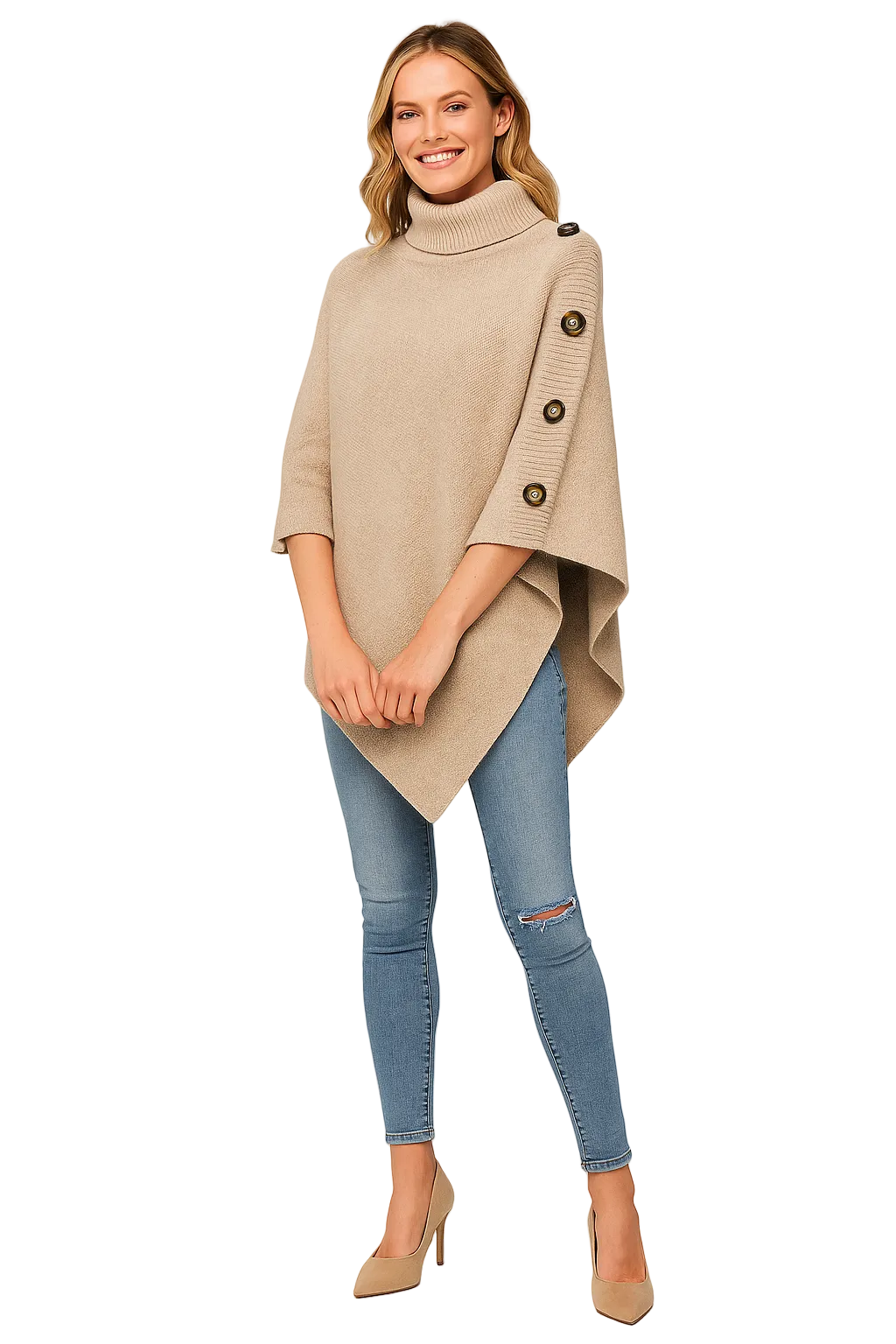 Elayne Women's Wool Poncho – Elegant Oversized Poncho with High Collar & Asymmetric Hem