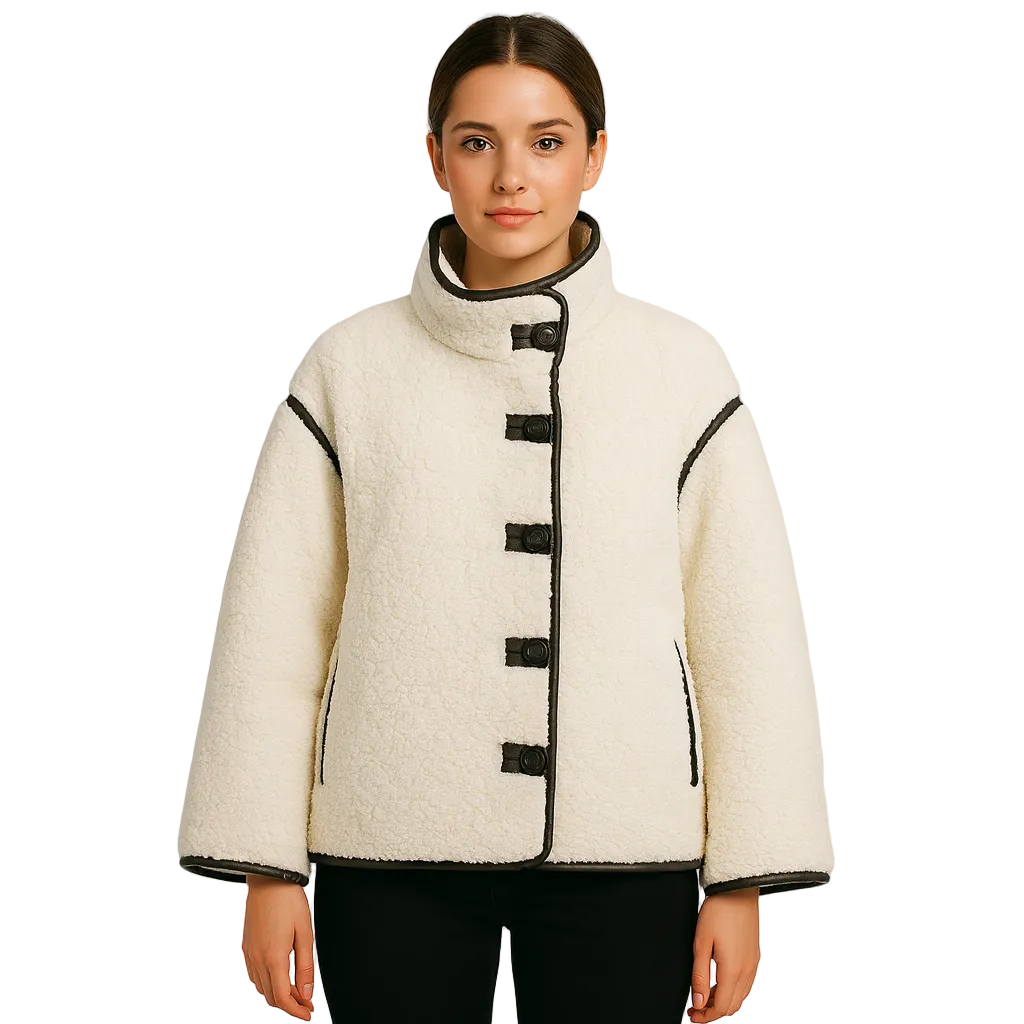 Yllana Elegant Women's Fleece Jacket – Stand Collar & Button Closure for Autumn and Winter