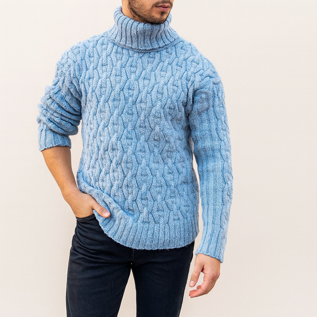 Kenzo Cortese Pull Homme en Maille Câblée – Col Montant Chaud en Laine Mélangée Automne & Hiver