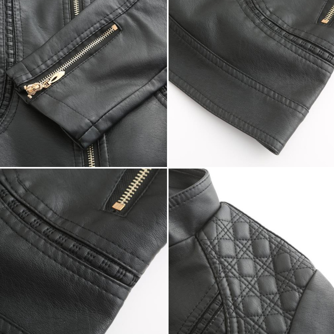 Janiyah Casaco de Pele Mulher – Gola Alta Chic, Fechos de Correr e Estilo Moderno Elegante